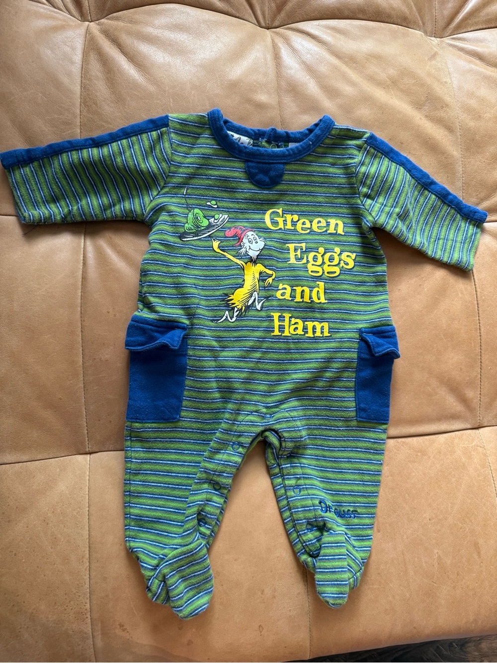 Dr Seuss Green Eggs and Ham Striped One-Piece for Kids - Green/Blue 3m